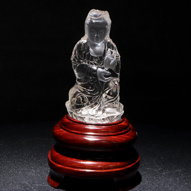 【一点物】【動画】本水晶＜ブラジル産＞　観音　無含浸　彫り物　約30.9×41.9×79.1mm(本体)　台座付き　証明書付　 [co-g2902]