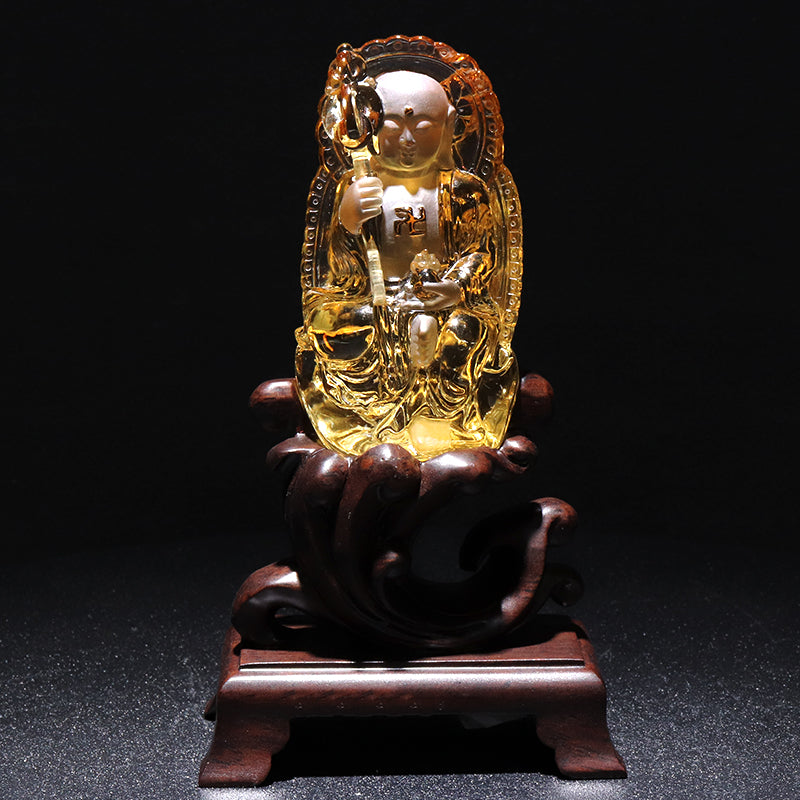 【一点物】【動画】天然シトリン＜ブラジル産＞　お地蔵　彫り物　約29.6×39.0×70.6mm(本体)　台座付き　証明書付　 [co-g2906]