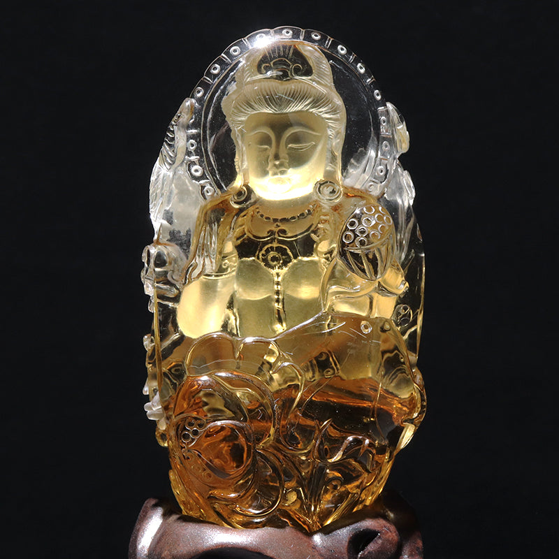 【一点物】【動画】天然シトリン＜ブラジル産＞　千手観音　彫り物　約29.0×41.6×83.8mm(本体)　台座付き　証明書付　 [co-g2904]