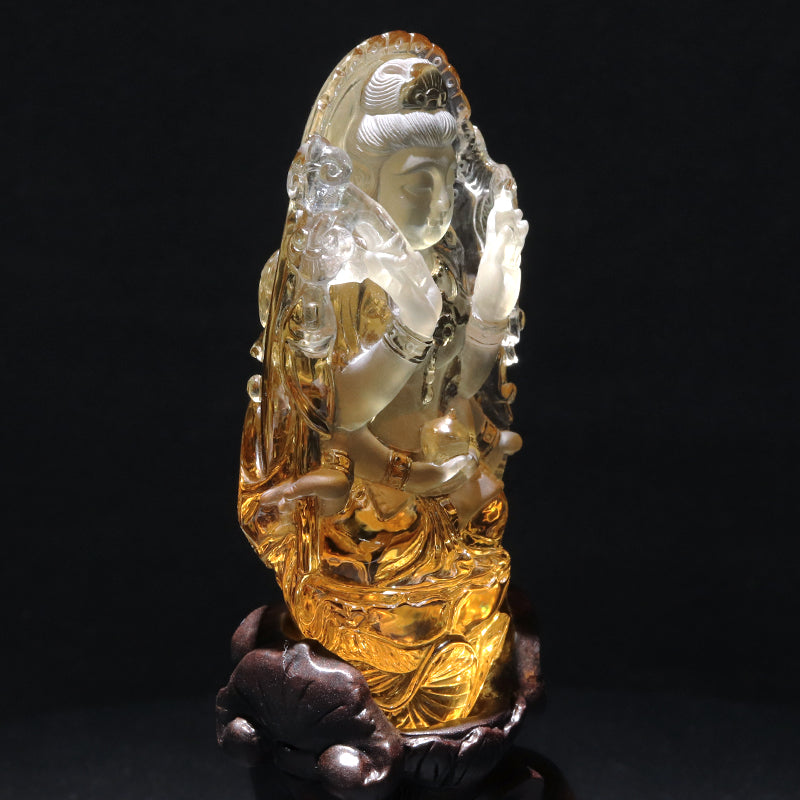 【一点物】【動画】天然シトリン＜ブラジル産＞　千手観音　彫り物　約29.0×41.6×83.8mm(本体)　台座付き　証明書付　 [co-g2904]
