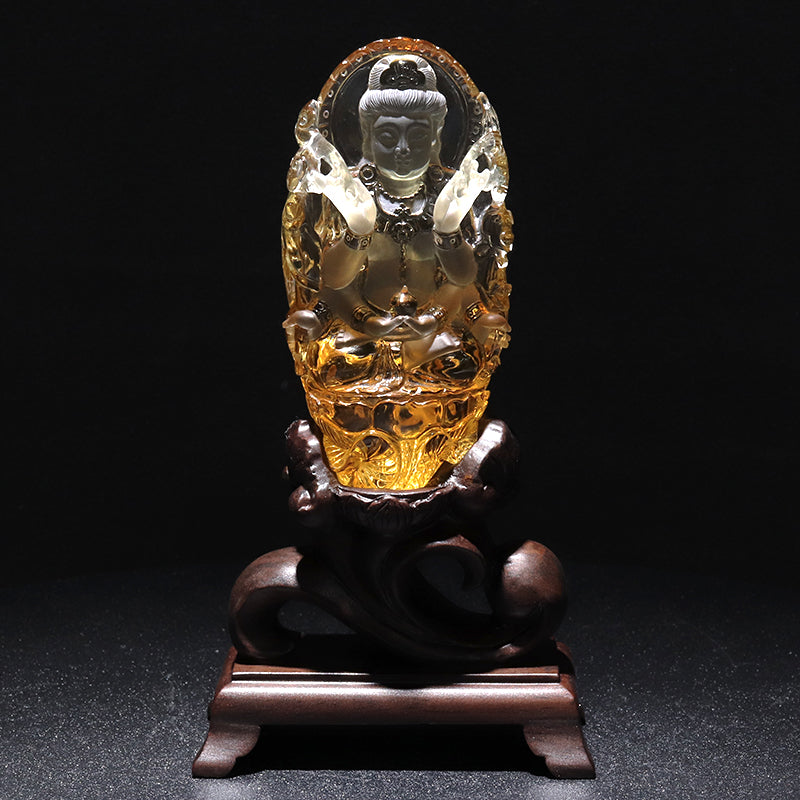 【一点物】【動画】天然シトリン＜ブラジル産＞　千手観音　彫り物　約29.0×41.6×83.8mm(本体)　台座付き　証明書付　 [co-g2904]