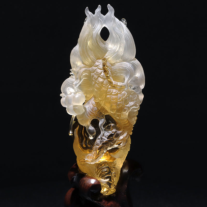 【一点物】【動画】天然シトリン＜ブラジル産＞　龍　彫り物　約31.4×37.8×87.5mm(本体)　台座付き　証明書付　 [co-g2905]