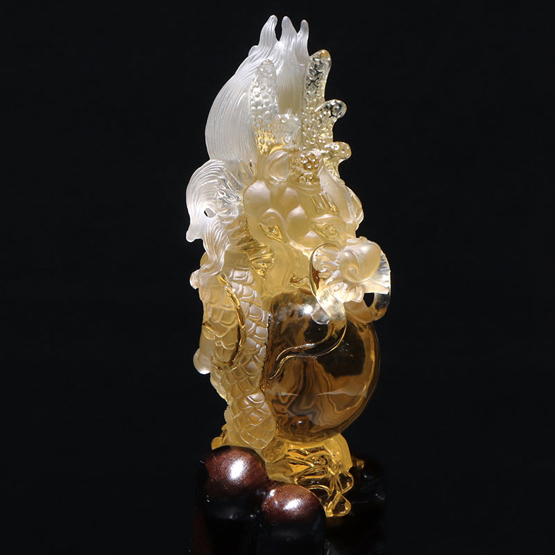 【一点物】【動画】天然シトリン＜ブラジル産＞　龍　彫り物　約31.4×37.8×87.5mm(本体)　台座付き　証明書付　 [co-g2905]