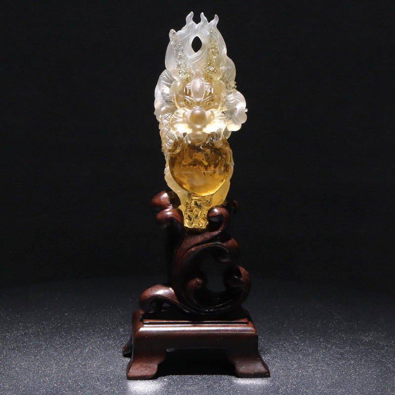 【一点物】【動画】天然シトリン＜ブラジル産＞　龍　彫り物　約31.4×37.8×87.5mm(本体)　台座付き　証明書付　 [co-g2905]