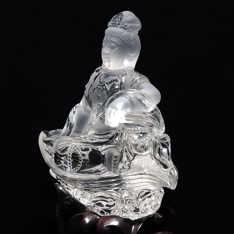 【一点物】【動画】本水晶＜ブラジル産＞　自在観音　彫り物　約48.8×96.9×109.0mm(本体)　台座付き　証明書付　 [co-g2907]