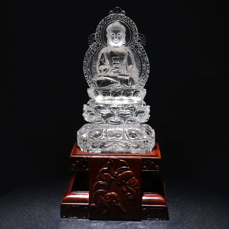 【一点物】【動画】本水晶＜ブラジル産＞　薬師如来　彫り物　約63.2×91.7×167.0mm(本体)　台座付き　証明書付　 [co-g2909]