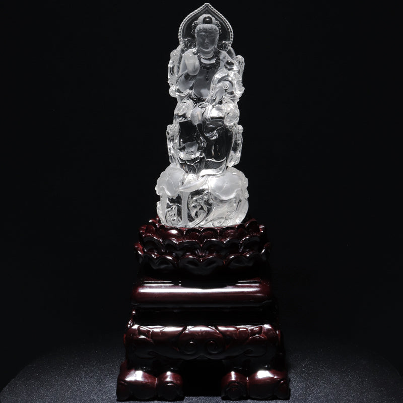 【一点物】【動画】本水晶＜ブラジル産＞　蓮華観音　彫り物　約68.0×70.9×169.0mm(本体)　台座付き　証明書付　 [co-g2908]
