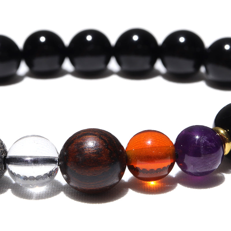【割引不可】【ハロウィン商品】オニキス×アメジスト×プレスアンバー×水晶×タイガーウッド×富士溶岩　約8×10mm　ブレスレット　丸　[co-g2960]