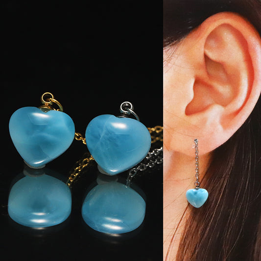 【1/19まで水瓶座星座石20％OFF(決済時に自動割引)】ピアス　ラリマー＜ドミニカ産＞　ハート型　　約9～11mm×約8～10mm　アメリカンチェーン　ステンレス製　ペア売り　 [co-g1758]