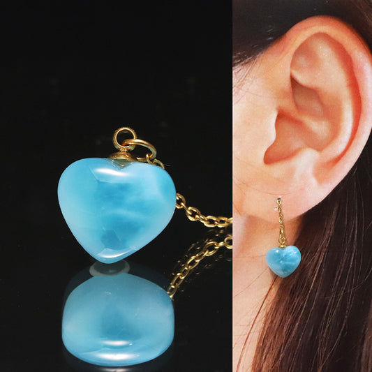 片耳ピアス　ラリマー＜ドミニカ産＞　ハート型　アメリカンチェーン　ゴールド　ステンレス製　 [co-g1774]