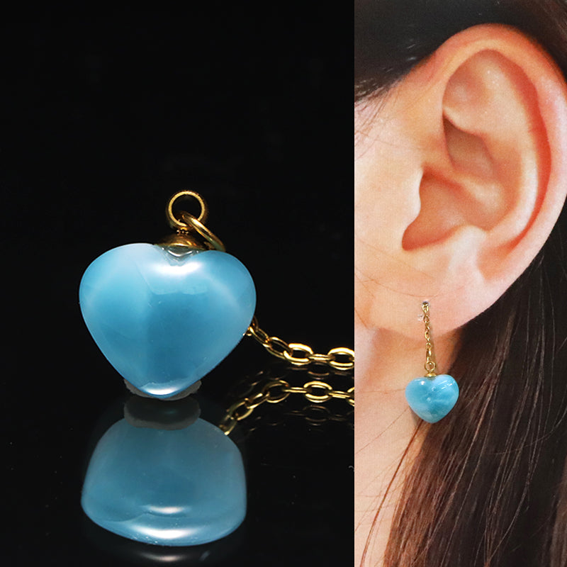 片耳ピアス　ラリマー＜ドミニカ産＞　ハート型　アメリカンチェーン　ゴールド　ステンレス製　 [co-g1775]