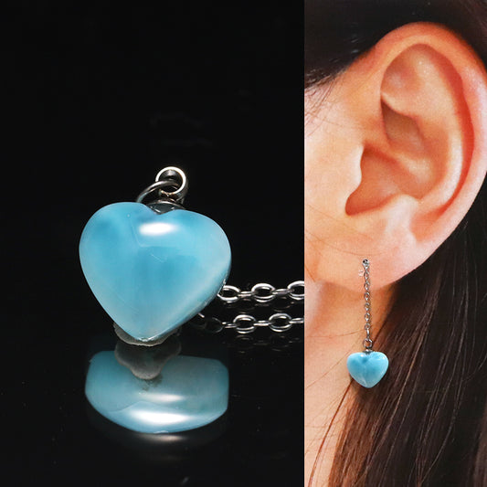 片耳ピアス　ラリマー＜ドミニカ産＞　ハート型　　アメリカンチェーン　シルバー　ステンレス製　 [co-g1776]