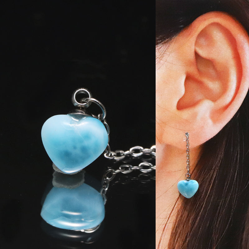 片耳ピアス　ラリマー＜ドミニカ産＞　ハート型　　アメリカンチェーン　シルバー　ステンレス製　 [co-g1777]