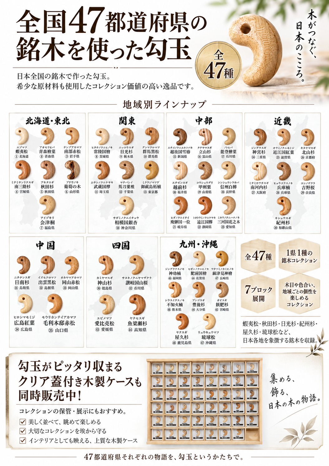 【パワーズウッド】　47都道府県の銘木　勾玉　約15×21mm　ケース入り [co-g3192]